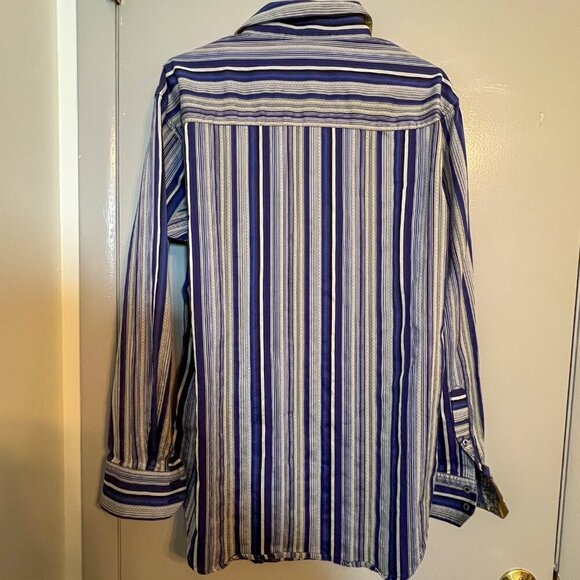 Robert Graham Men's Long Sleeve Shirt Blue Stripes Yellow Flip Cuffs Size L - Picture 6 of 6